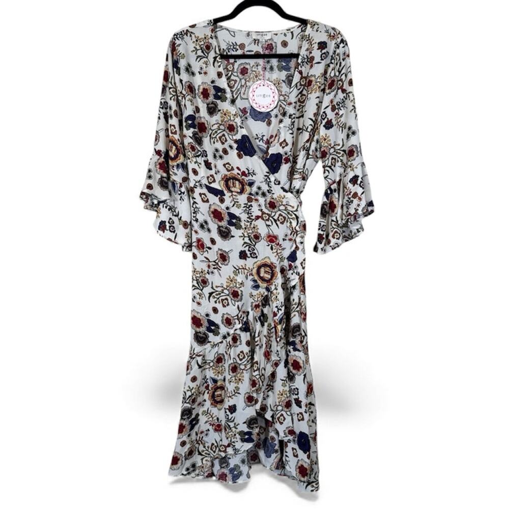 Umgee White Floral Bell Sleeve Wrap Dress Womens L Ruffled Boho Coquette NWT